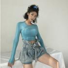 High-waist Washed Denim Ruffle Wide Leg Shorts