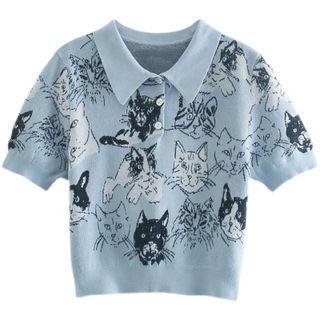 Short-sleeve Polo-neck Cat Print Knit Top