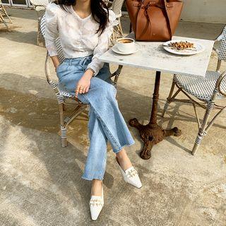 Puff-shoulder Sheer Floral Blouse Ivory - One Size
