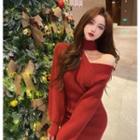 Cutout-shoulder High-neck Knit Mini Dress Red - One Size