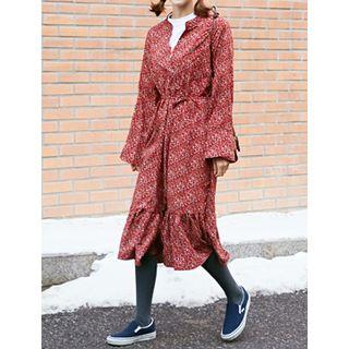 Mandarin-collar Ruffle-hem Dress With Sash