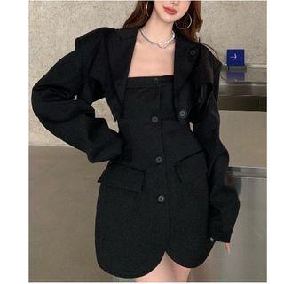 Cropped One-button Blazer / Strapless Mini A-line Dress