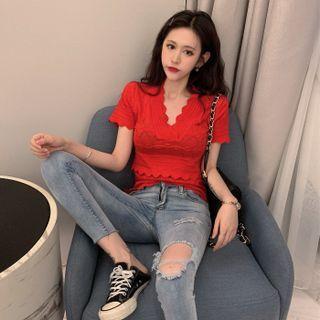 V-neck Plain Ruffle Knit Top
