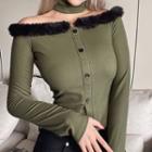 Long-sleeve Off-shoulder Fluffy Trim Cropped Knit Top