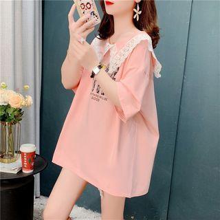 Short-sleeve Lace Collar Cow Print T-shirt