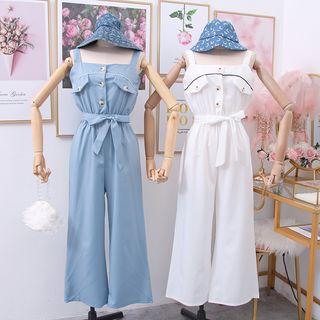 Sleeveless Wide-leg Jumper Pants With Sash