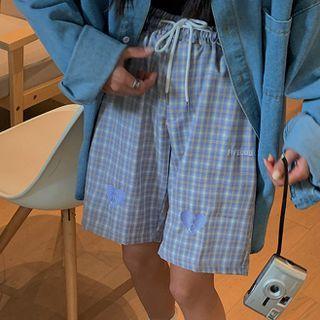 Plaid Heart Embroidered Shorts