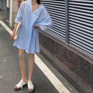 Long-sleeve Mini A-line Shirt Dress Stripes - Blue - One Size
