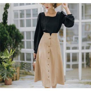 Set: Square Neck Long-sleeve Top + Midi A-line Skirt