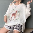 Deer Print Long-sleeve T-shirt / Leaves Patterned Shorts
