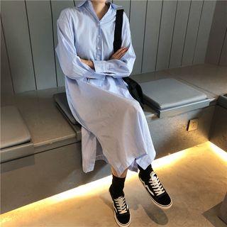 Long-sleeve Pinstriped Midi Shirt Dress Stripe - Blue - One Size