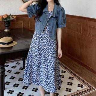 Spaghetti Strap Heart Print Midi Sundress / Short-sleeve Denim Shirt