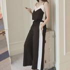 Color Block Camisole Top / Wide-leg Pants / Letter Embroidered Short-sleeve T-shirt / Set