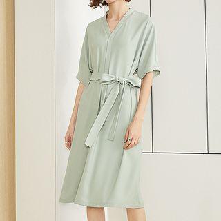 Tie-waist Elbow-sleeve Chiffon Dress