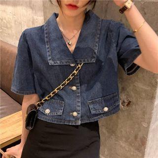 Elbow-sleeve Collared Crop Denim Shirt Blue - One Size