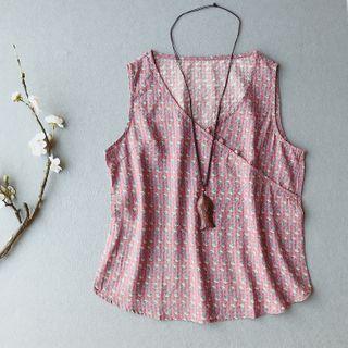 Sleeveless Floral Print Linen Blend Top