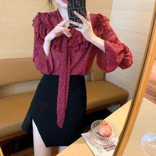 Puff-sleeve Floral Print Ruffled Chiffon Blouse