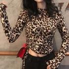 Long-sleeve Mock-neck Leopard Print T-shirt As Shown In Figure - One Size