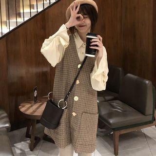 Set: Loose-fit Plain Blouse + V-neck Buttoned Check Pinafore Dress