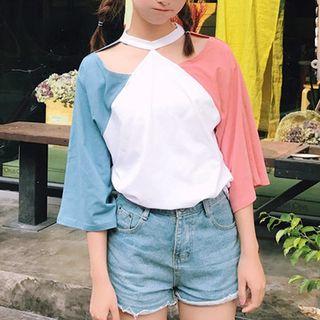 Cutout Colour Block Elbow-sleeve Top