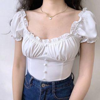 U-neck Ruffle Trim Puff-sleeve Top