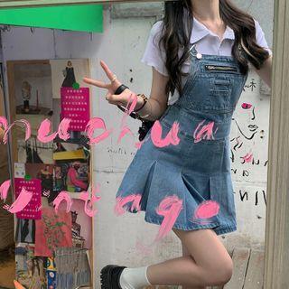 Pleated Denim Mini A-line Overall Dress