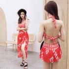 Set: Strappy Patterned Frill Trim Bikini Top + Swim Shorts + Cover-up Skirt