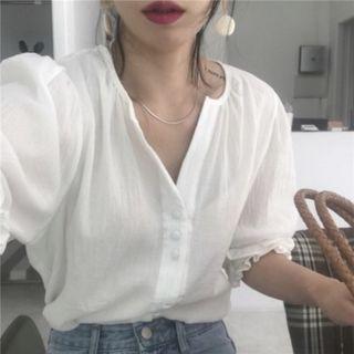 V-neck Short-sleeve Blouse White - One Size