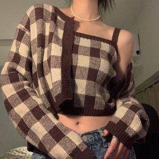 Set: Plaid Cropped Knit Camisole Top + Cardigan Set Of 2 - Cardigan & Camisole Top - Plaid - Coffee - One Size