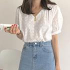 Puff-sleeve V-neck Pointelle Blouse