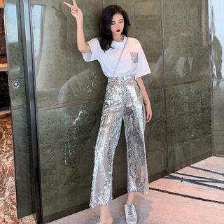 Elbow-sleeve T-shirt / Sequined Cropped Pants