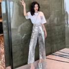 Elbow-sleeve T-shirt / Sequined Cropped Pants