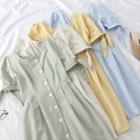 Single-breasted Square-neck Short-sleeve A-line Dress