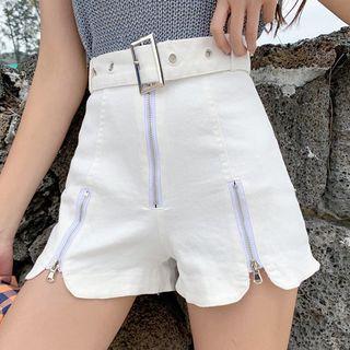 Belted Zip-up Denim Shorts
