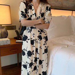 V-neck Floral Midi A-line Dress Black & Off-white - One Size