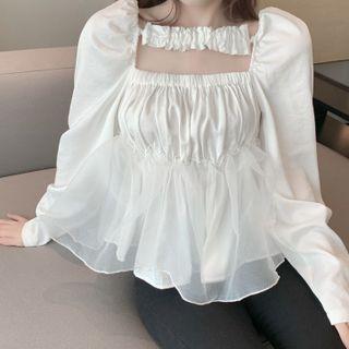 Long-sleeve Shirred Mesh Panel Cropped Blouse