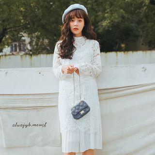 Set: Long-sleeve Lace A-line Dress + Sleeveless Pleated Dress