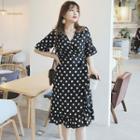 Dotted Elbow-sleeve Wrap A-line Dress