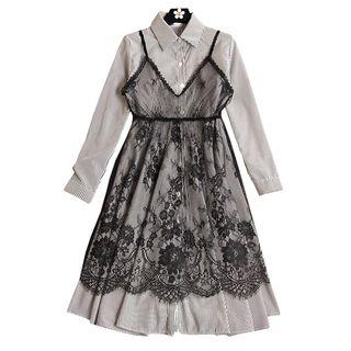 Set: Long-sleeve A-line Dress + Strappy Lace Dress