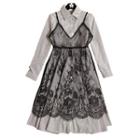 Set: Long-sleeve A-line Dress + Strappy Lace Dress