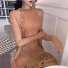 Plain Cardigan / Set: Halter Sleeveless Top + Knit Skirt