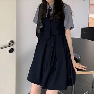 Elbow-sleeve Shirt / Neck-tie / Mini A-line Overall Dress
