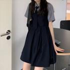 Elbow-sleeve Shirt / Neck-tie / Mini A-line Overall Dress