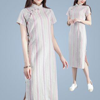 Striped Short Sleeve Qipao