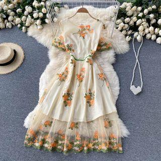 Round-neck Mesh Embroidered Dress