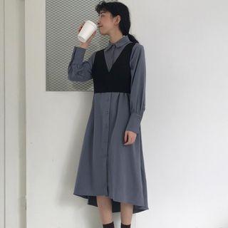 Midi Shirtdress / V-neck Cropped Vest As Shown In Figure - One Size