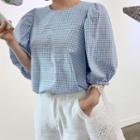 Puff-sleeve Check Blouse As Shown In Figure - One Size