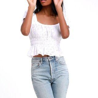 Embroidered Ruffle-trim Short Puff-sleeve Crop Top