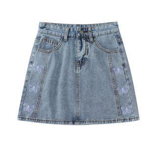 Butterfly Embroidered Washed Denim Mini A-line Skirt