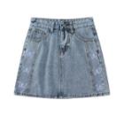 Butterfly Embroidered Washed Denim Mini A-line Skirt